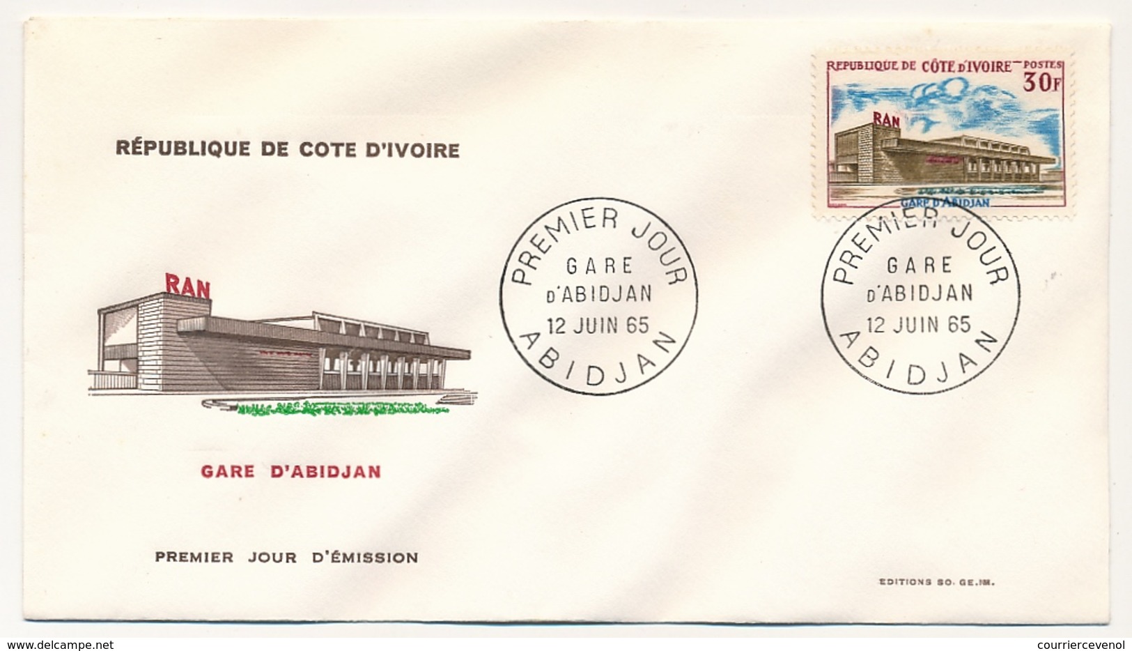 Côte D'Ivoire => Enveloppe FDC - 30f Gare D'Abidjan  - ABIDJAN - 12 Juillet 1965 - Côte D'Ivoire (1960-...)