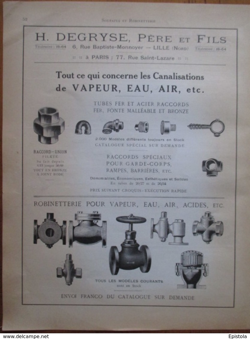 ROBINETTERIE A VAPEUR  Ets Degryse à Lille - Page De 1925 Catalogue Sciences & Tech. (Dims. Standard 22 X 30 Cm) - Andere Toestellen