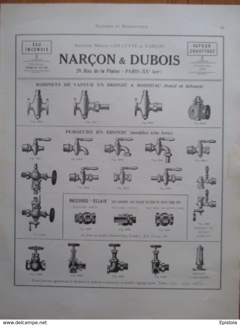 ROBINETTERIE A VAPEUR  Ets Narçon & Dubois-  Page De 1925 Catalogue Sciences & Tech. (Dims. Standard 22 X 30 Cm) - Altri Apparecchi