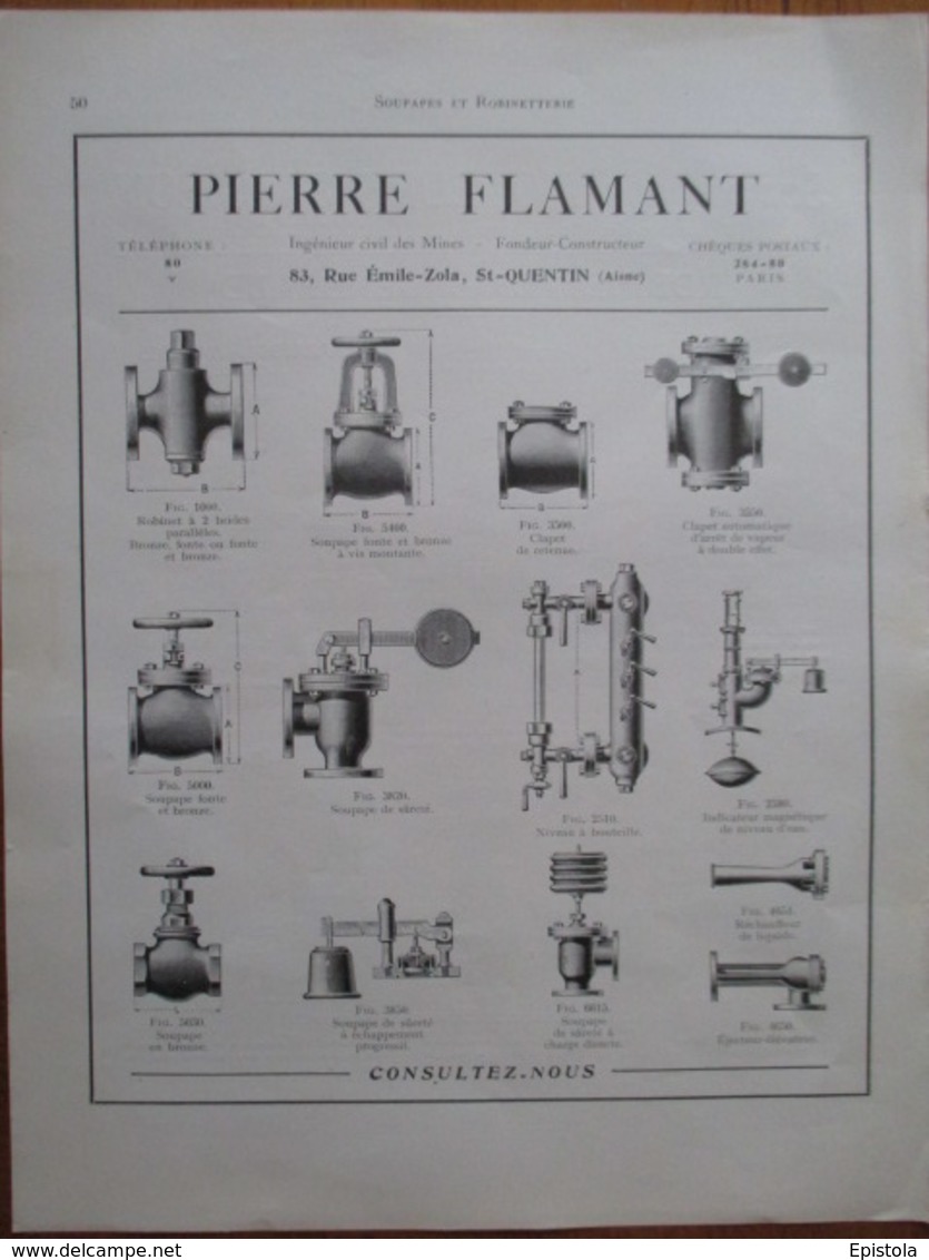 SOUPAPE Pierre Flamant à Saint Quentin (02) -  Page De 1925 Catalogue Sciences & Tech. (Dims. Standard 22 X 30 Cm) - Andere Geräte