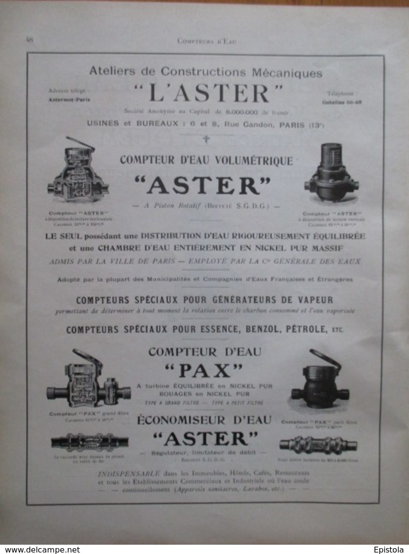 COMPTEUR D'EAU Aster  -  Page De 1925 Catalogue Sciences & Tech. (Dims. Standard 22 X 30 Cm) - Andere Toestellen