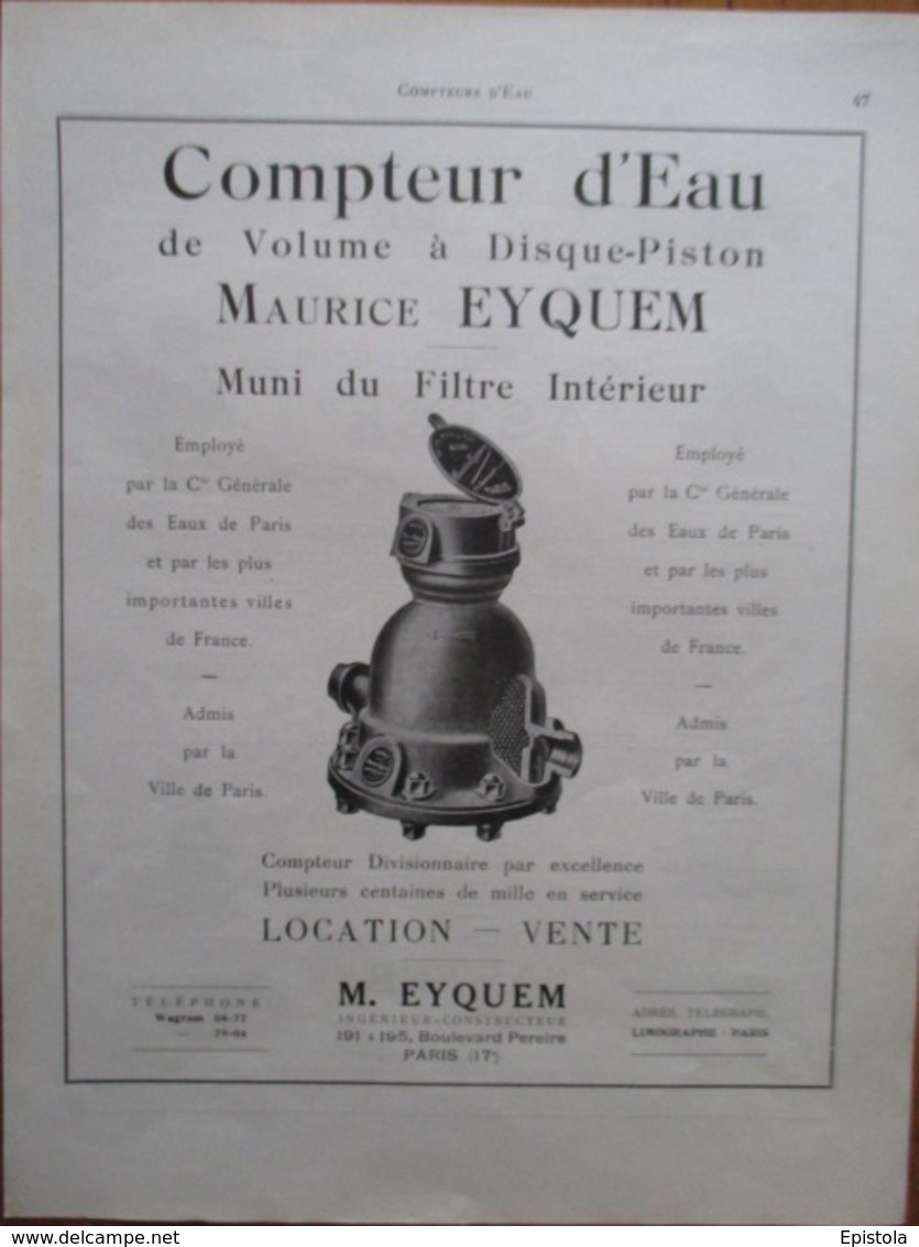 COMPTEUR D'EAU Eyquem  -  Page De 1925 Catalogue Sciences & Tech. (Dims. Standard 22 X 30 Cm) - Other Apparatus