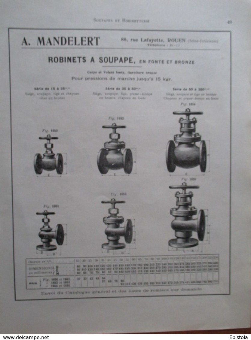 ROBINET A SOUPAPE  Ets Mandelert à Rouen -  Page De 1925 Catalogue Sciences & Tech. (Dims. Standard 22 X 30 Cm) - Andere Toestellen