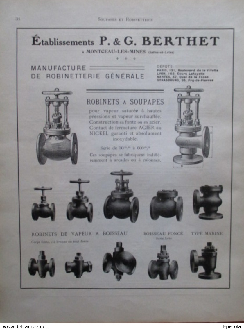 ROBINET A SOUPAPE  Berthet à Montceau Les Mines -  Page De 1925 Catalogue Sciences & Tech. (Dims. Standard 22 X 30 Cm) - Altri Apparecchi