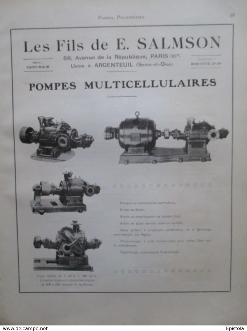 POMPE MULTICELLULAIRE Salmson à Argenteuil    -  Page De 1925 Catalogue Sciences & Tech. (Dims. Standard 22 X 30 Cm) - Autres Appareils