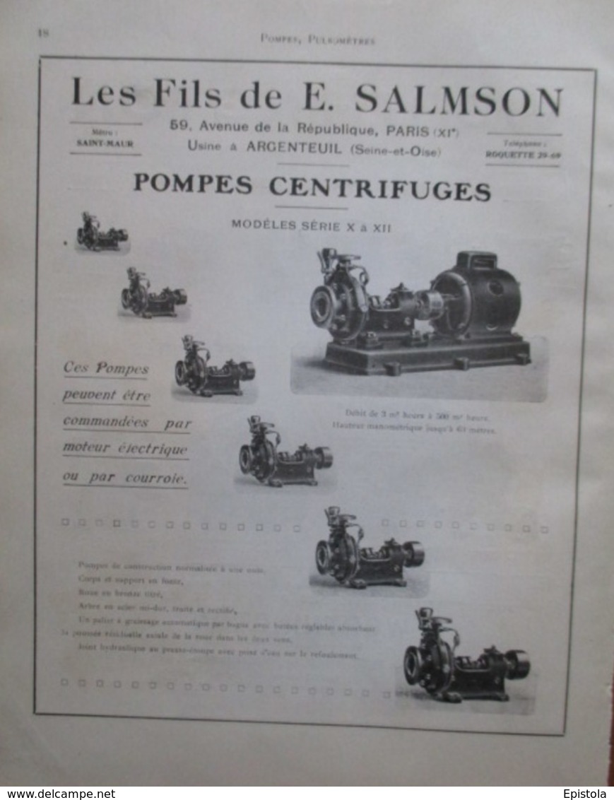 Machine POMPE CENTRIFUGE  Salmson à Argenteuil    -  Page De 1925 Catalogue Sciences & Tech. (Dims. Standard 22 X 30 Cm) - Autres Appareils