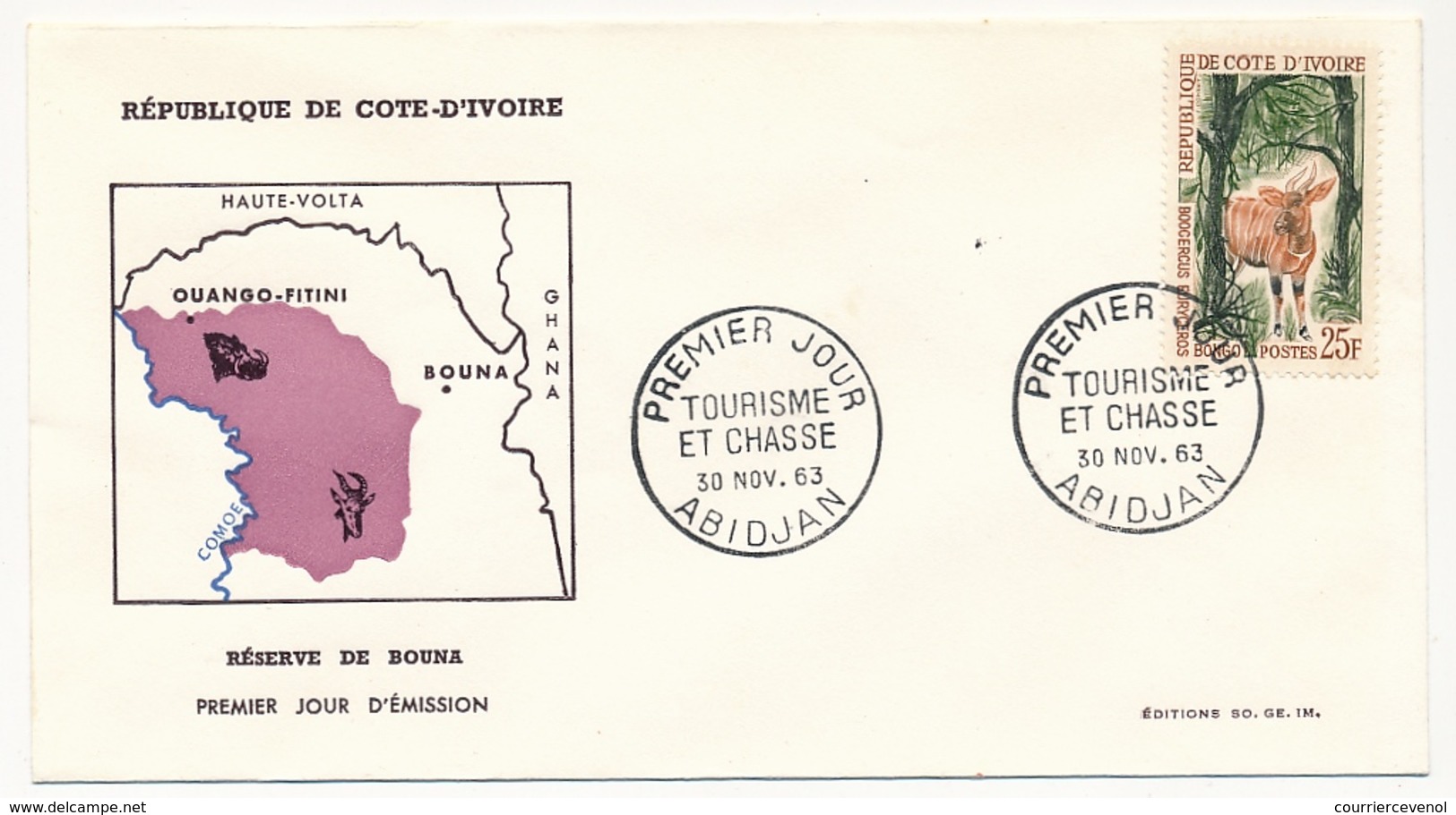 Côte D'Ivoire => Enveloppe FDC - 25f Tourisme Et Chasse - ABIDJAN - 30 Novembre 1963 - Ivory Coast (1960-...)