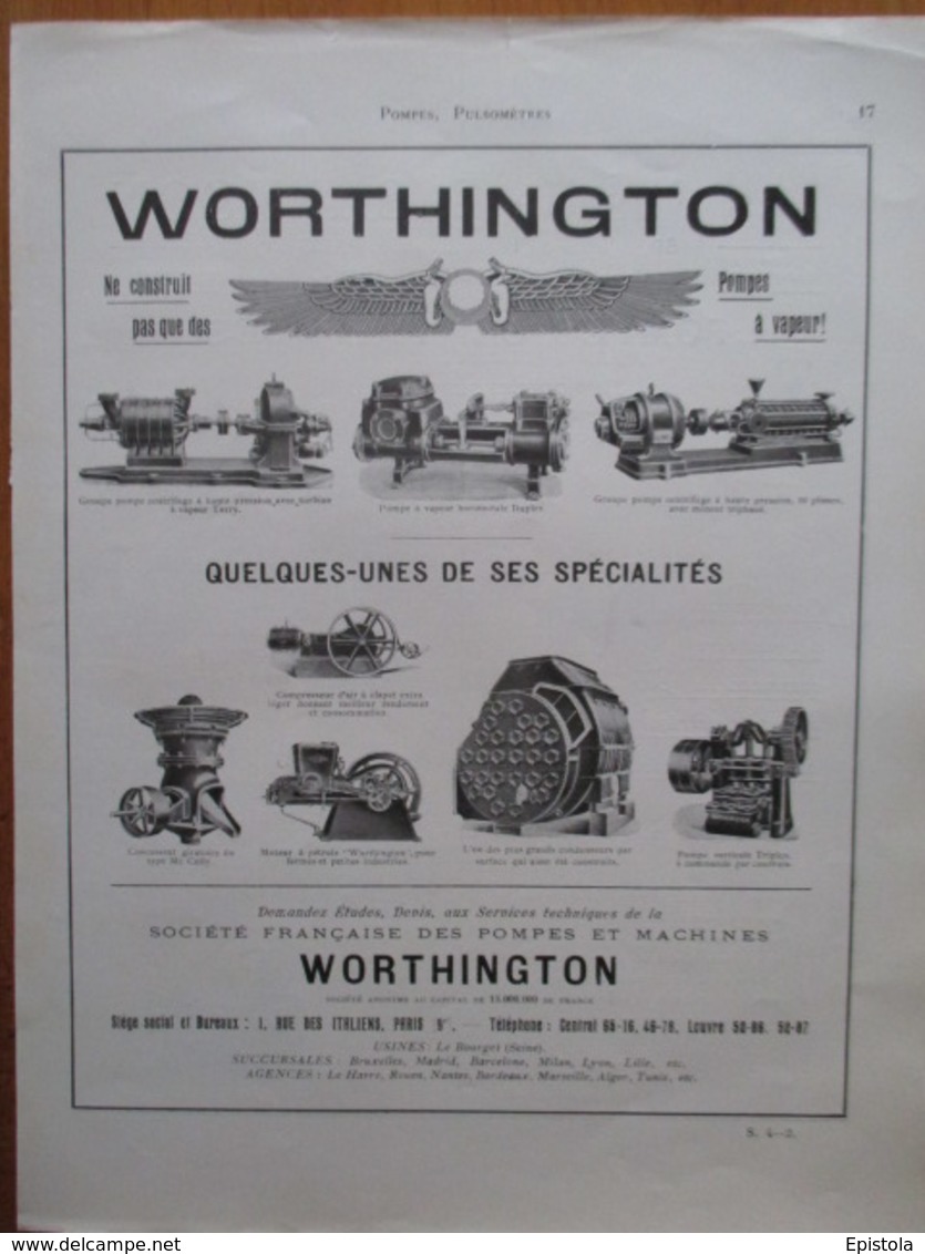 POMPE CENTRIFUGE  Worthington Usine Au Bourget    -  Page De 1925 Catalogue Sciences & Tech. (Dims. Standard 22 X 30 Cm) - Autres Appareils