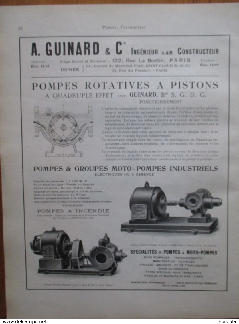 POMPE ROTATIVE A PISTONS Guinard à Saint Cloud (92)  Page De 1925 Catalogue Sciences & Tech. (Dims. Standard 22 X 30 Cm) - Otros Aparatos