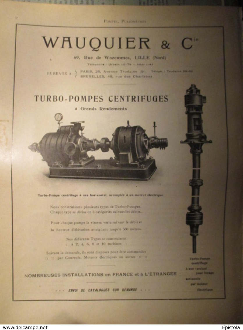 Machine POMPE TURBO CENTRIFUGE Wauquier Lille - Page De 1925 Catalogue Sciences & Tech. (Dims. Standard 22 X 30 Cm) - Maschinen