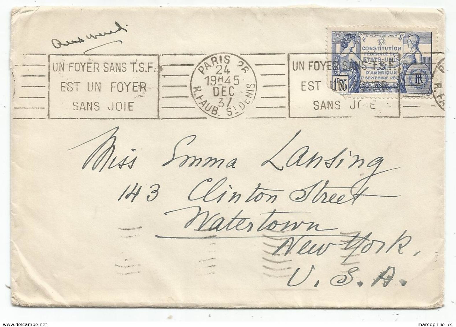 N°357 DEFECTUEUX LETTRE MEC RBV UN FOYER SANS TSF EST UN FOYER SANS JOIE PARIS 26 R FAUB ST DENIS 24 DEC 37 POUR USA - Maschinenstempel (Werbestempel)