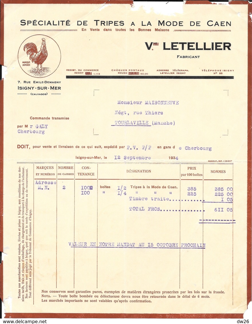 Facture Spécialité De Tripes à La Mode De Caen - Vve Letellier à Isigny-sur-Mer (Calvados) En 1934 - 1900 – 1949