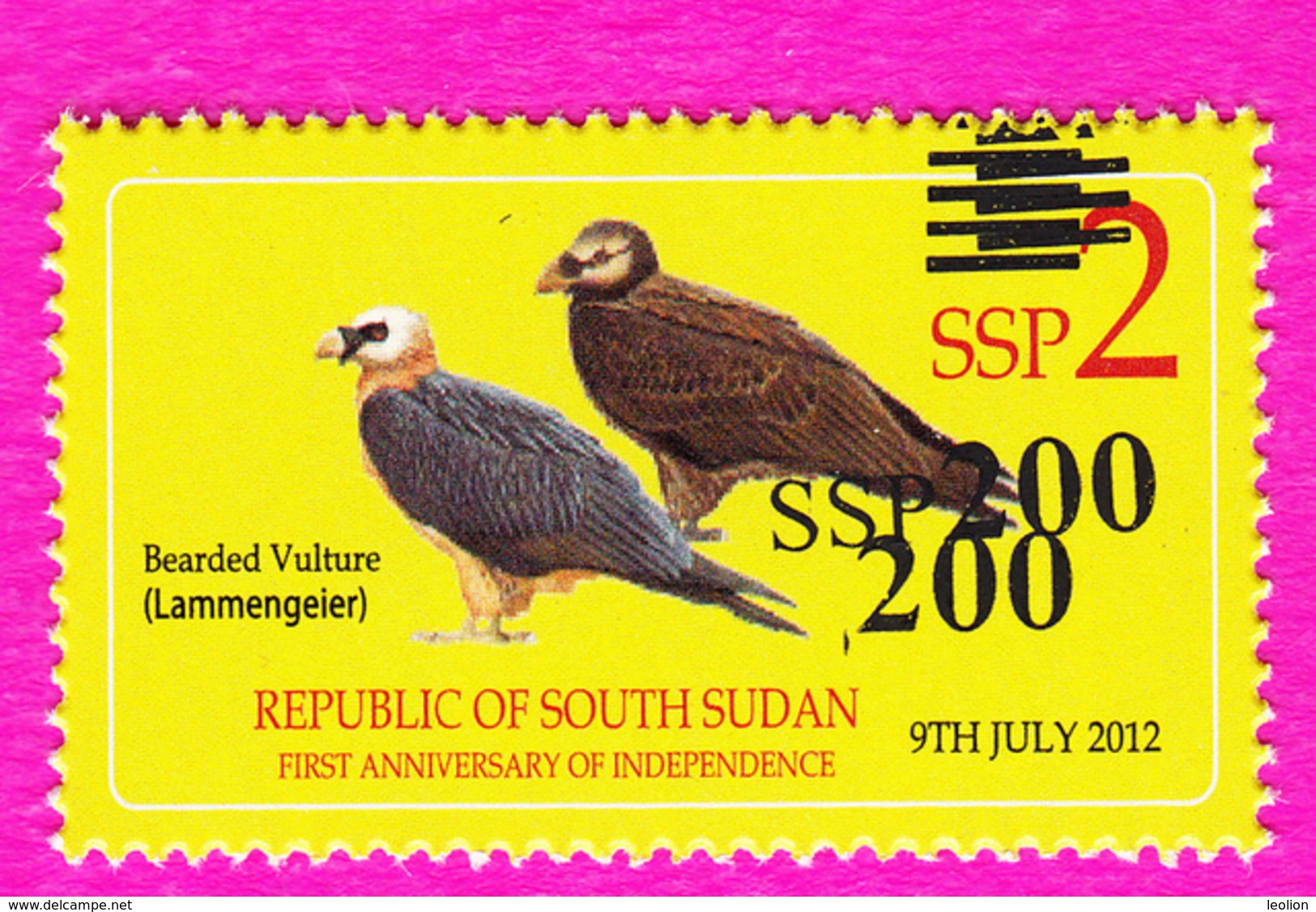 SOUTH SUDAN Printing Trial 2017 Overprint Surcharge Stamp On 2 SSP Birds Bearded Vulture Südsudan Soudan Du Sud - Zuid-Soedan