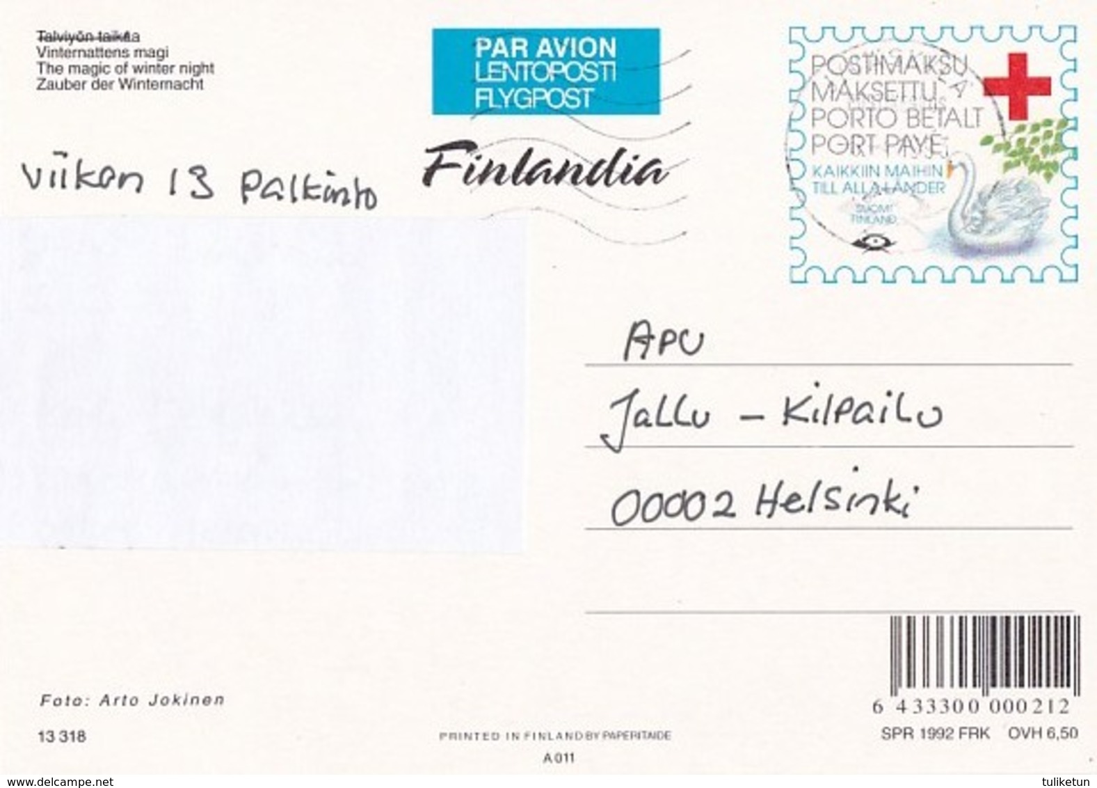 Postal Stationery - Winter Landscape At Moonlight - Red Cross 1992 - Finlandia - Suomi Finland - Postage Paid - Entiers Postaux