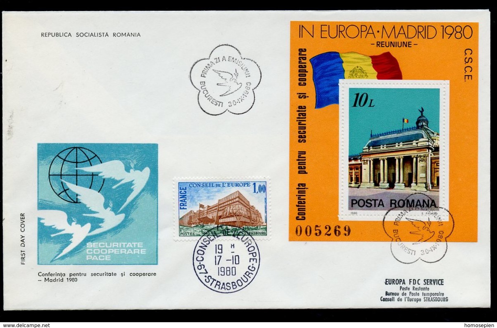 Roumanie - Rumänien - Romania FDC 1980 Y&T N°BF146 - Michel N°B174 - EUROPA KSZE - Conseil De L'Europe - FDC