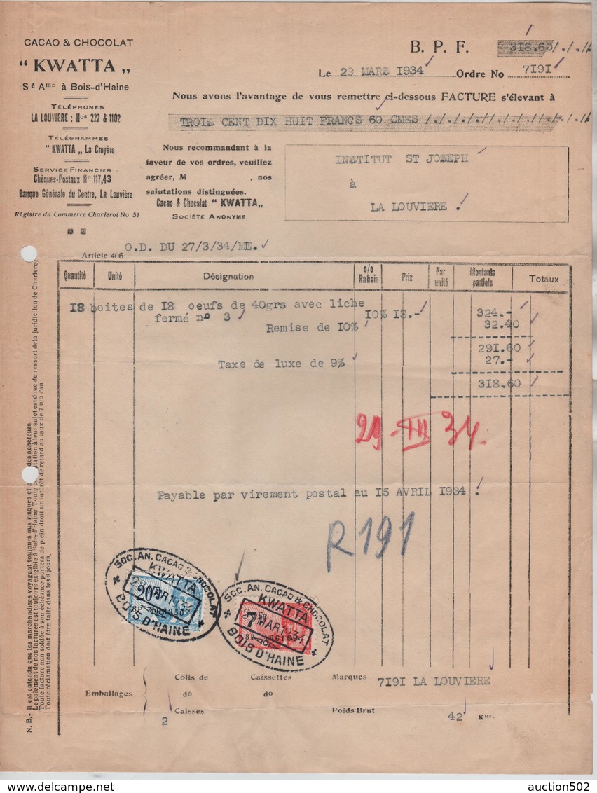 VP7/ Facture Cacao & Chocolat "Kwatta" S.A. Bois D'Haine  29/3/1934 Commande D'oeufs > La Louvière TP Fiscaux - Alimentare