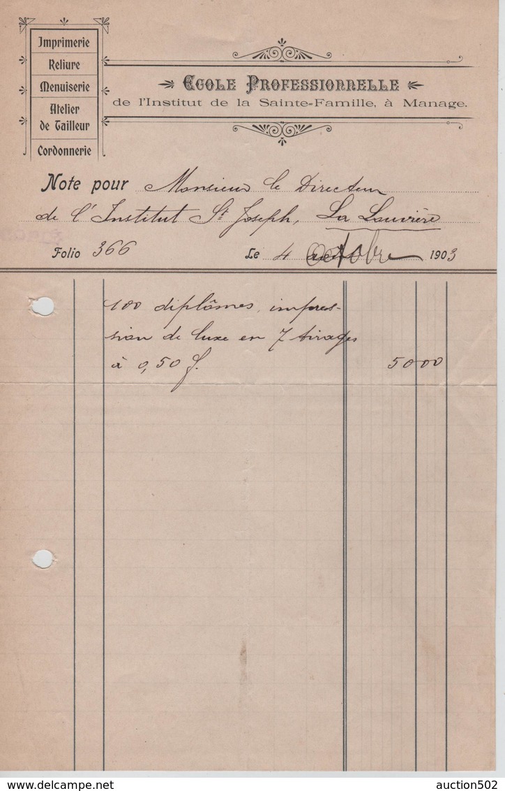 VP9/ Note Pour Institut St.Joseph La Louvière Rédigée à Manage 4/10/1903 Institut Ste Famille Manage - Druck & Papierwaren