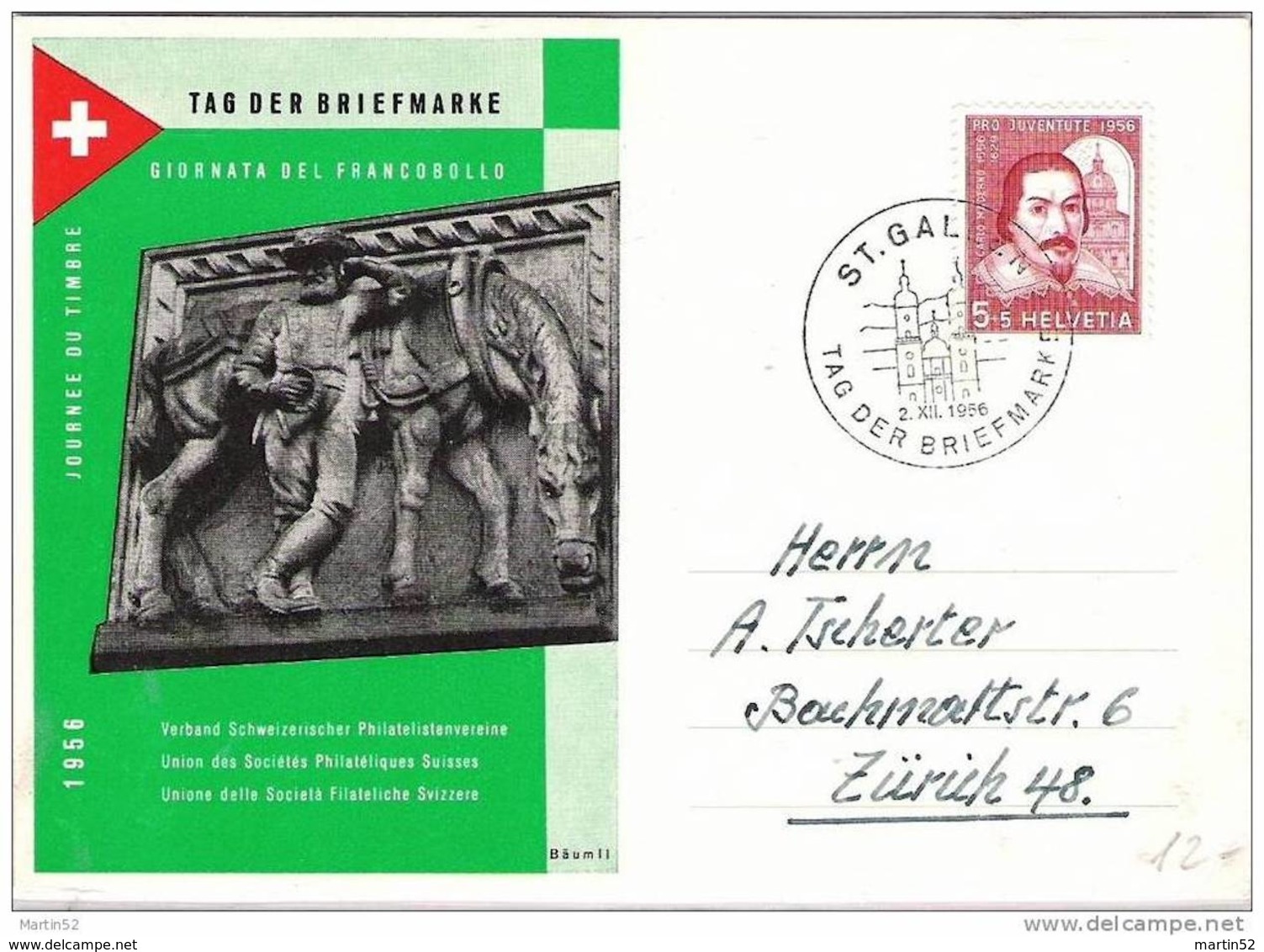Schweiz Suisse 1956: BPK CPI "Post-Pferd" Zu 163 Mi 632 Yv 581 O ST.GALLEN 2.XII.1956 TAG DER BRIEFMARKE (Zu CHF 15.00) - Lettres & Documents