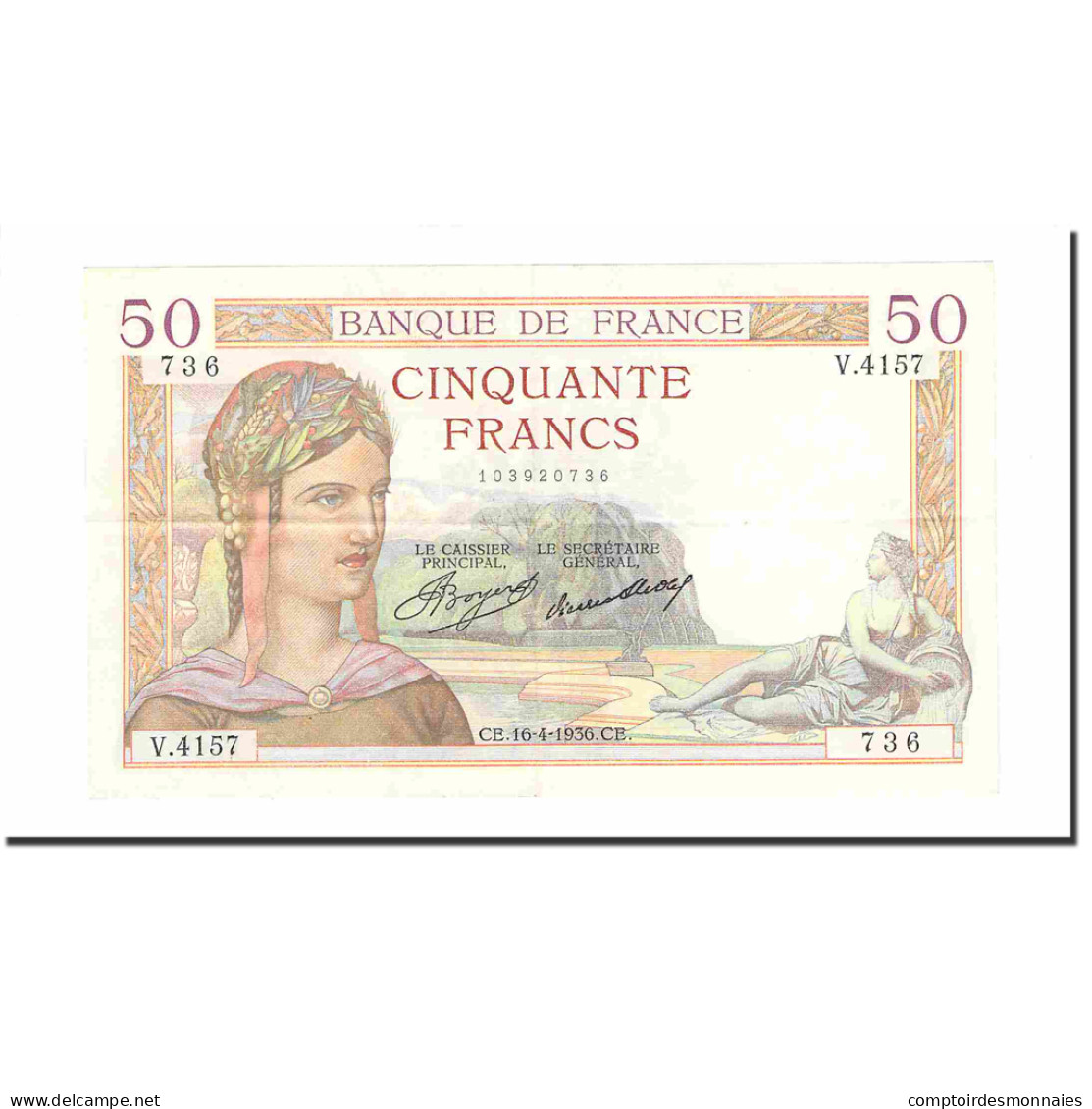 France, 50 Francs, Cérès, 1936, 1936-04-16, SUP+, Fayette:17.24, KM:81 - 50 F 1934-1940 ''Cérès''