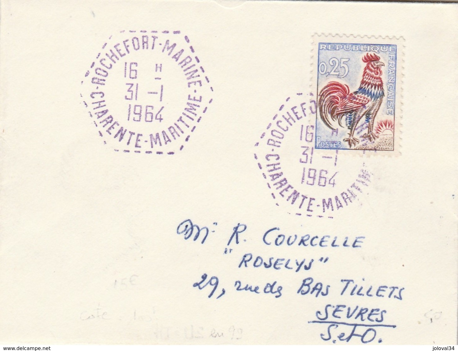 Lettre Mignonnette Cachet Violet ROCHEFORT MARINE Charente Maritime 31/1/1964 Verso Rochefort 17/2/1964 !!! - Poste Navale