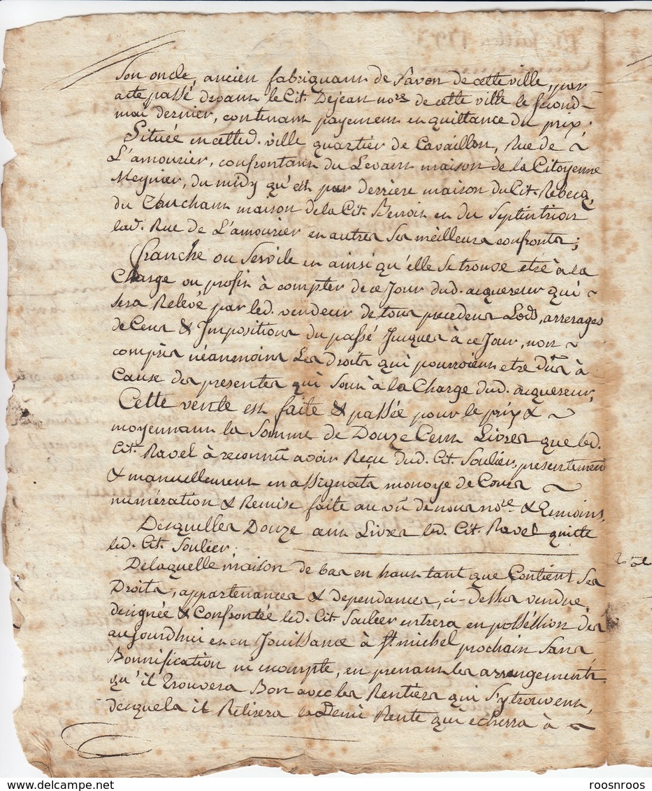VIEUX PAPIER TIMBRE - 1ERE REPUBLIQUE 1793 - SANS  FILIGRANE - VENTE RAVEL - SOULIER - MARSEILLE - Documenti Storici