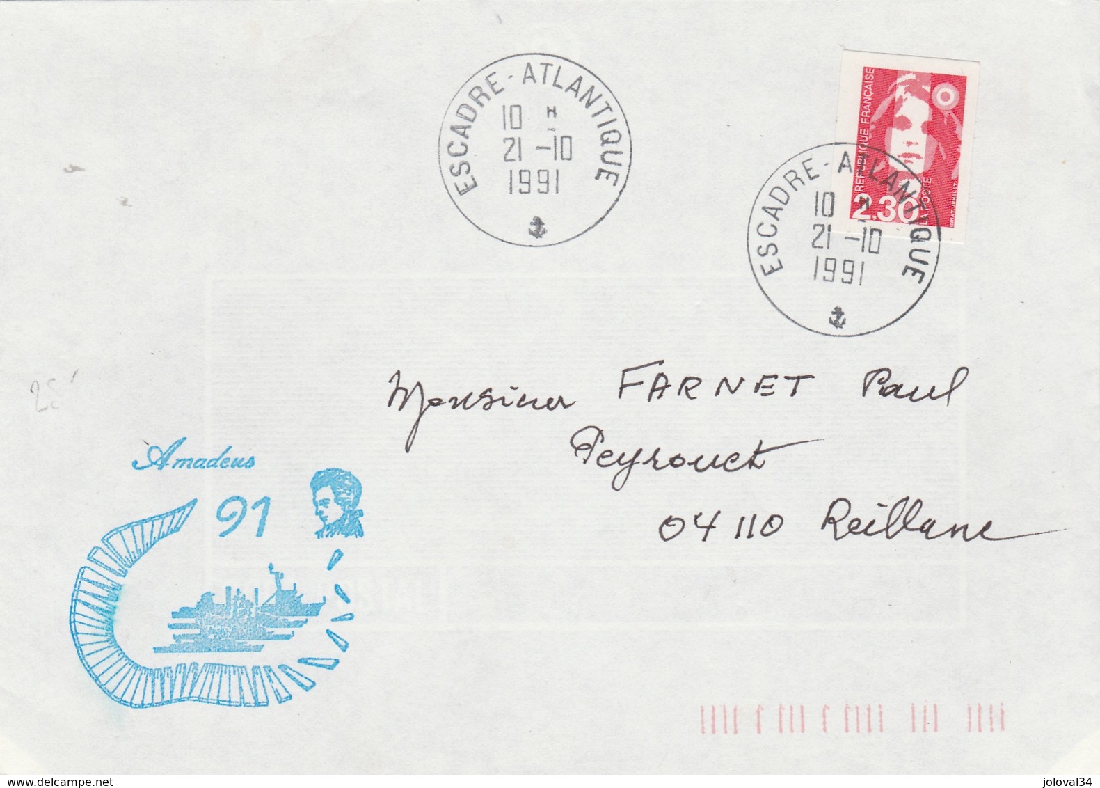 Lettre Cachet ESCADRE ATLANTIQUE 21/10/1991 Mission Amadeus 91 - Seepost