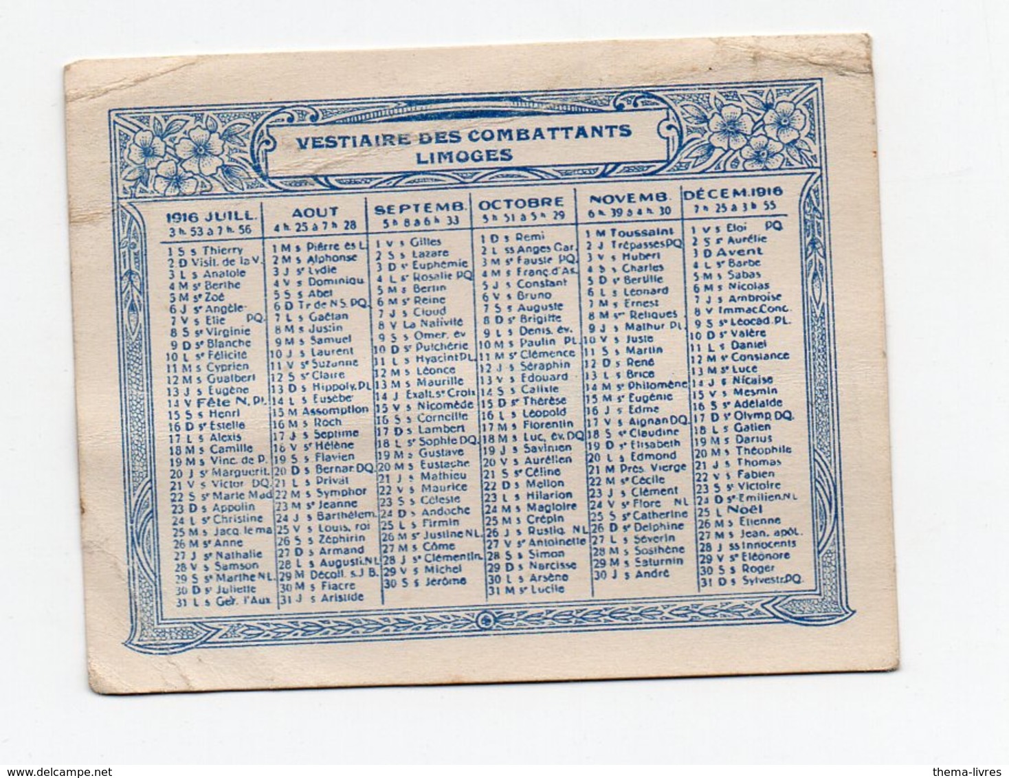 Limoges (87 Haute Vienne)  "vestiaire Des Combattants"  "souvenir De Guerre" Calendrier 1916 (PPP21679) - Petit Format : 1901-20