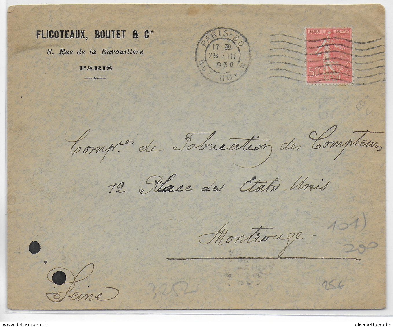 1930 - SEMEUSE PERFOREE / PERFIN "F.B" Sur ENVELOPPE De PARIS => MONTROUGE - Other & Unclassified