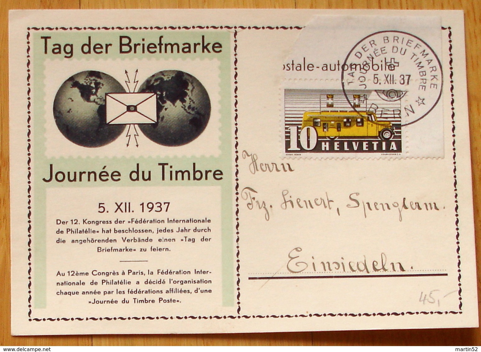 Schweiz Suisse 1937: BPK CPI (Variante GRÜN / Variété VERT) 1er JOURNÉE DU TIMBRE 5.XII.1937 1.TAG DER BRIEFMARKE BERN - Tag Der Briefmarke