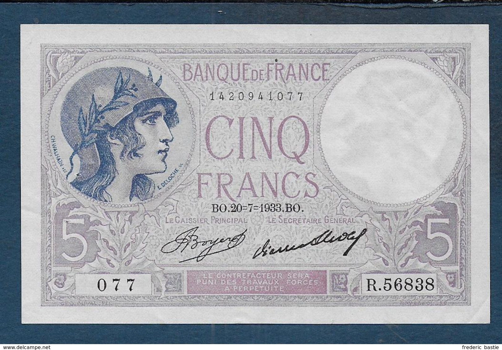 Billet 5 F  Violet  Du 20 - 7 - 1933 - 5 F 1917-1940 ''Violet''