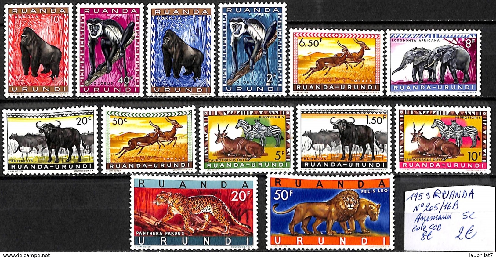 [842110]TB//**/Mnh-c:8e-Ruanda-Urundi 1959 - N° 205/16B (3F Non Scanné Mais Présent, SC), Animaux, Singes, Félins, SNC - Ungebraucht