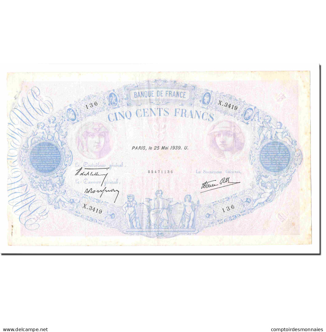 France, 500 Francs, Bleu Et Rose, 1939, 1939-05-25, TB+, Fayette:31.33, KM:88c - 500 F 1888-1940 ''Bleu Et Rose''