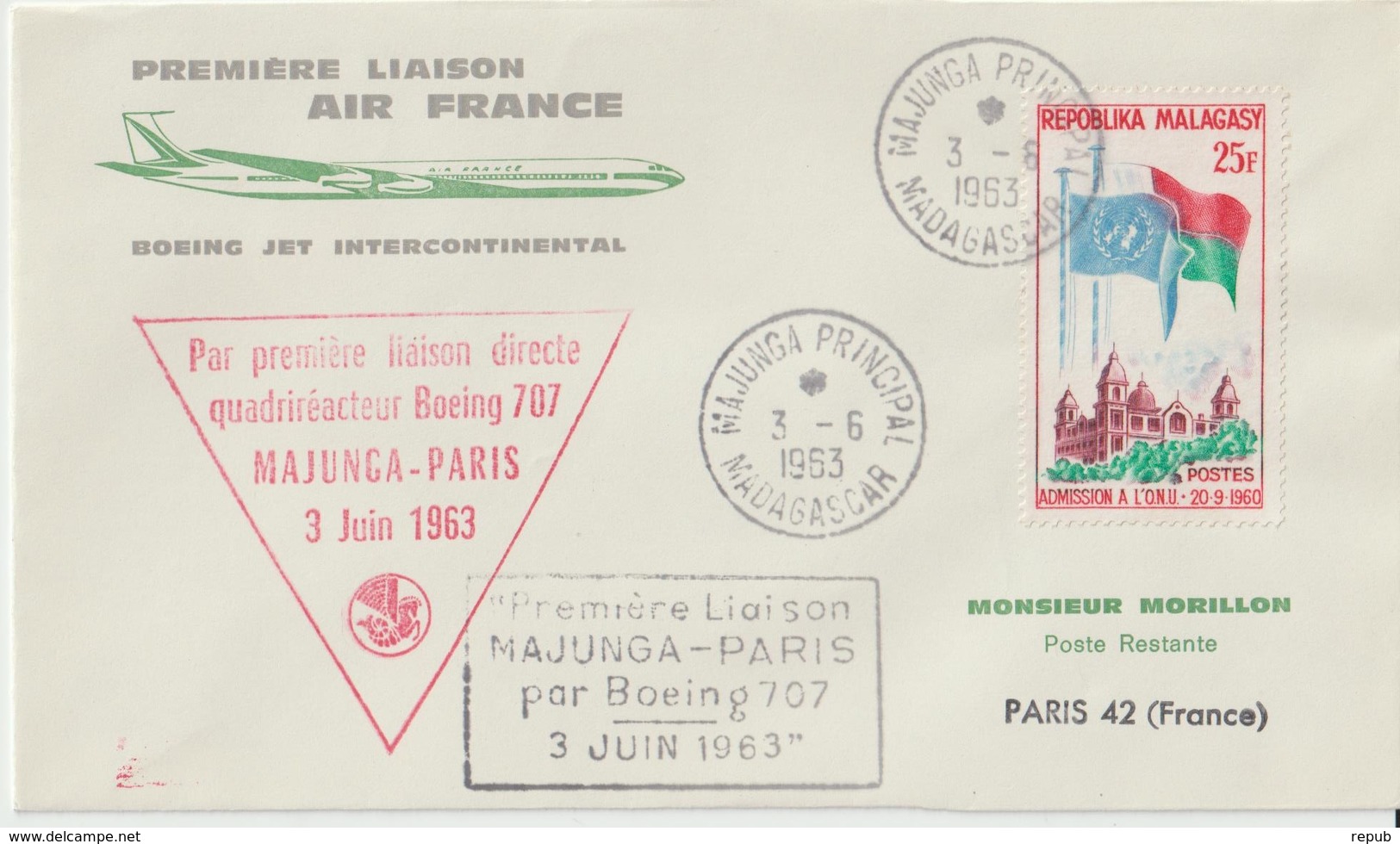 Madagascar 1963 Première Liaison Air France Majunga Paris - Madagascar (1960-...)