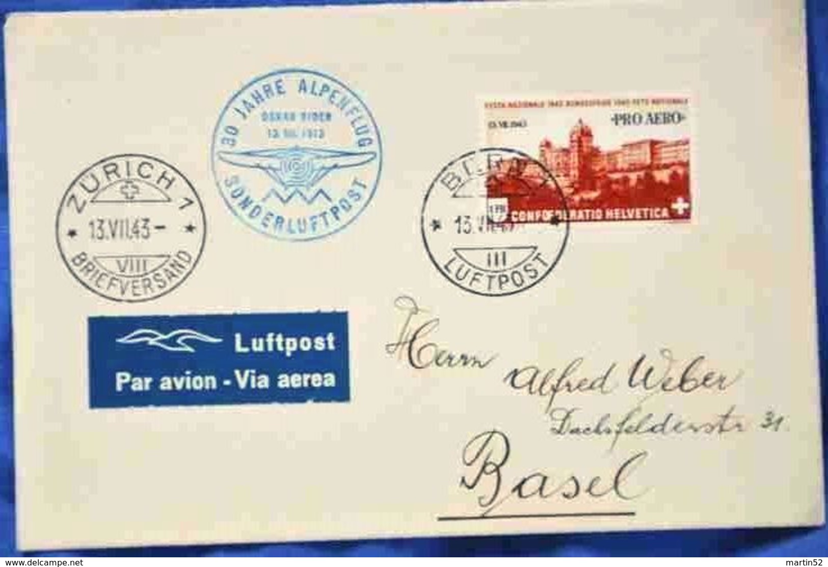 Schweiz Suisse 1943: PRO AERO 30 J.ALPENFLUG OSKAR BIDER Zu F36 Mi 422 Yv PA35 O BERN 13.VII.43 > ZÜRICH (Zu CHF 22.00) - Used Stamps