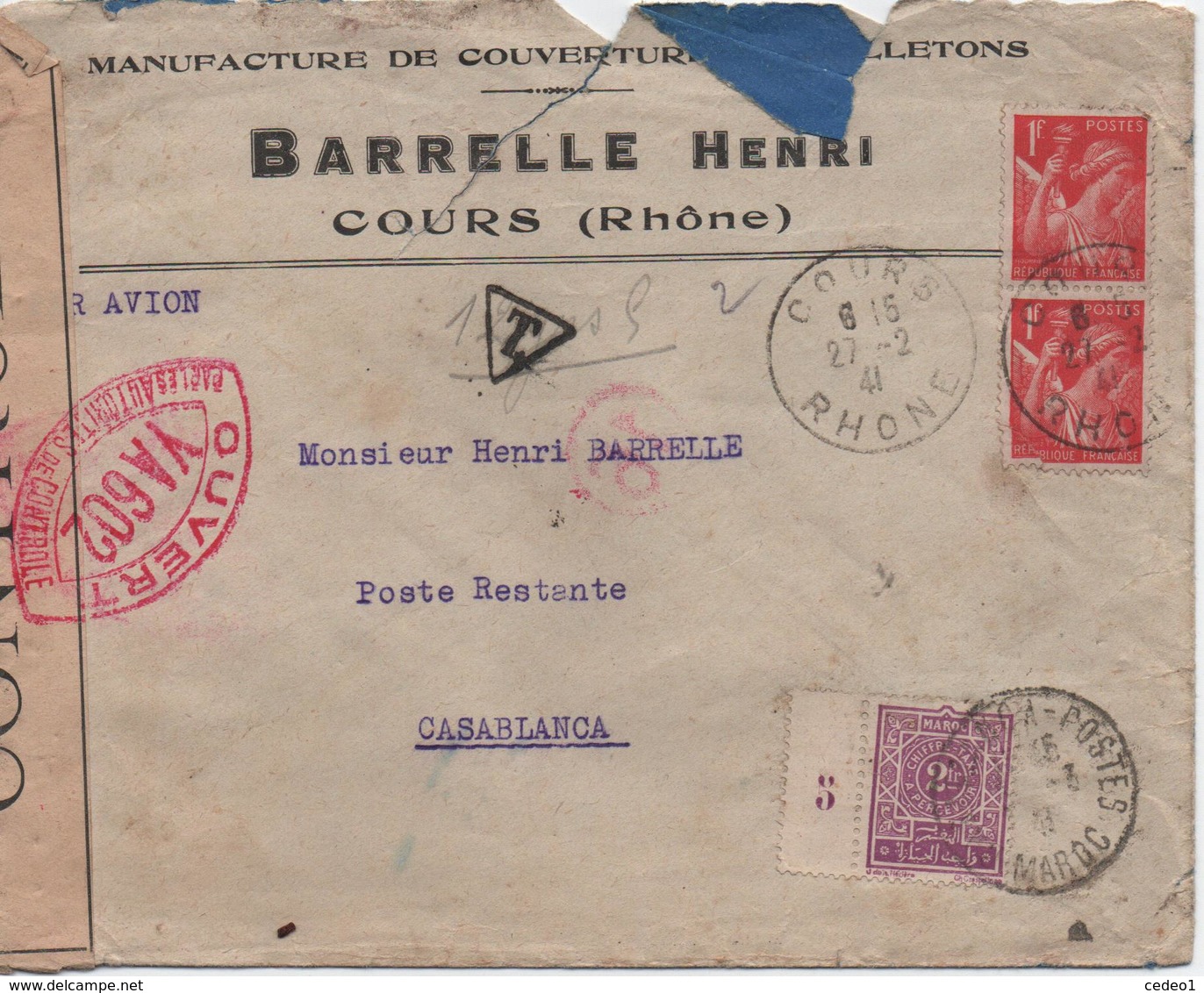 FRANCE  ENVELOPPE TIMBREE BARRELLE HENRI  COURS  AVEC CACHET DE CENSURE  ET TAXE DU MAROC  1941 - Lettres & Documents