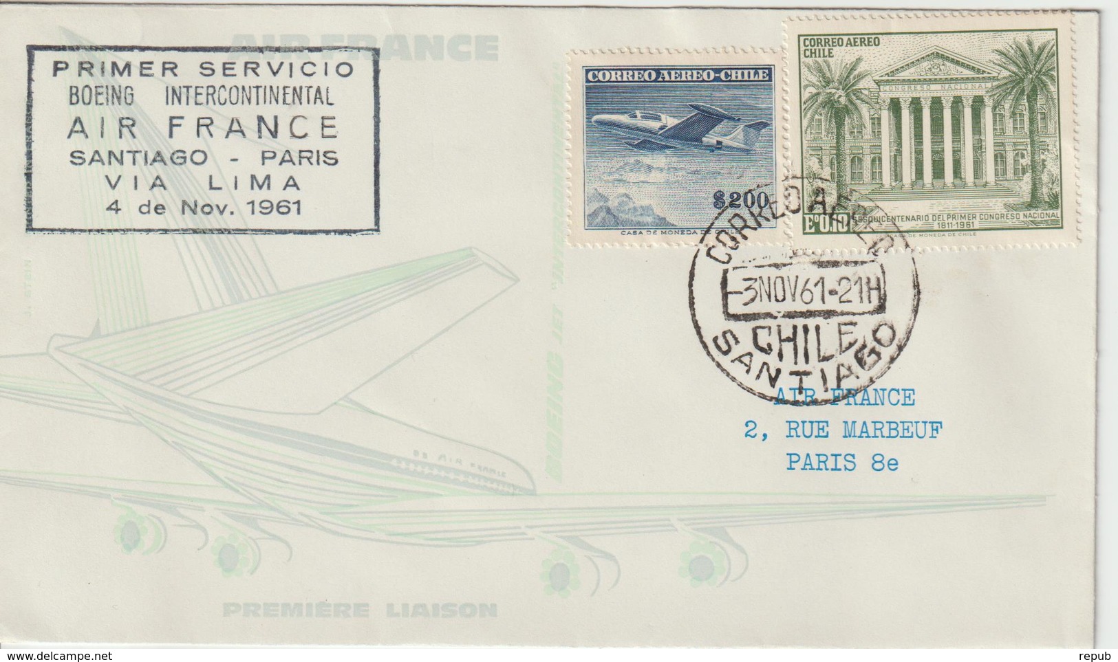 Chili 1961 Première Liaison Air France Santiago Paris - Chile