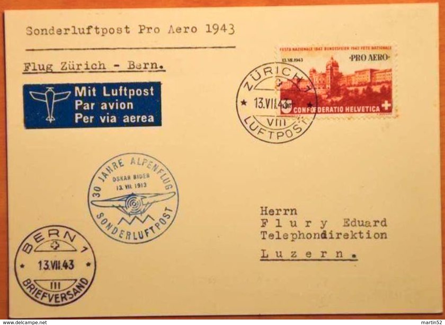 Schweiz Suisse 1943: PRO AERO 30 J.ALPENFLUG OSKAR BIDER Zu F36 Mi 422 Yv PA35 O ZÜRICH 13.VII.43 > BERN  (Zu CHF 22.00) - Oblitérés