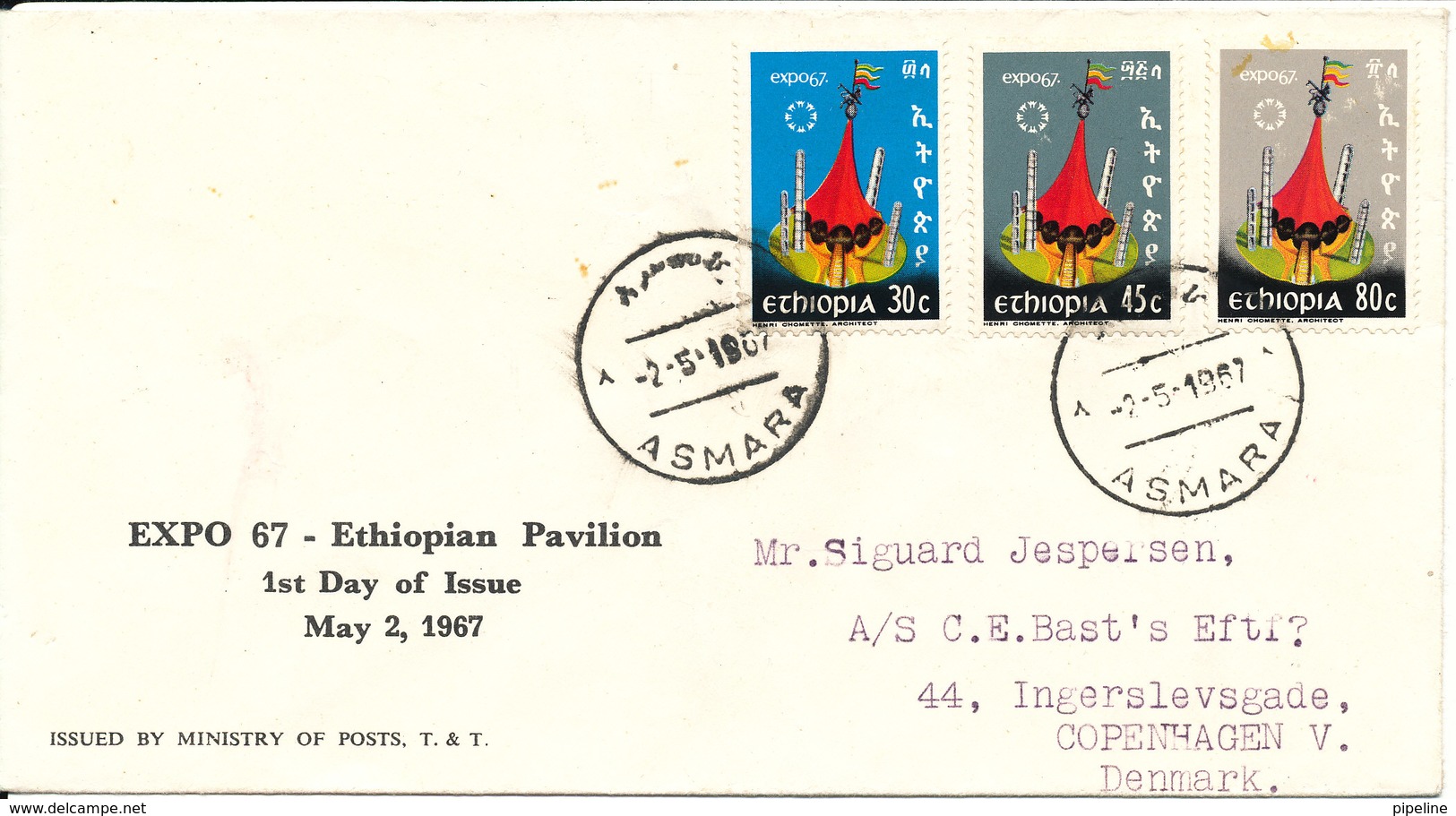 Ethiopia FDC 2-5-1967 EXPO 67 Ethiopian Pavilion Complete Set Of 3 Sent To Denmark - Ethiopie