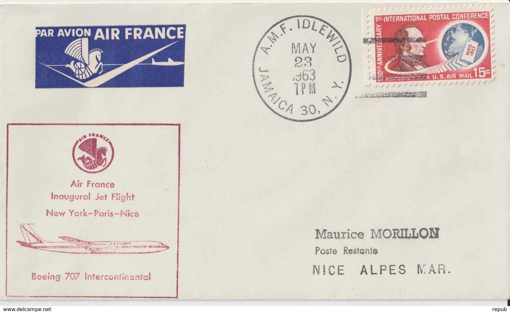 Etats Unis 1963 Première Liaison Air France New York Paris Nice - 3c. 1961-... Cartas & Documentos