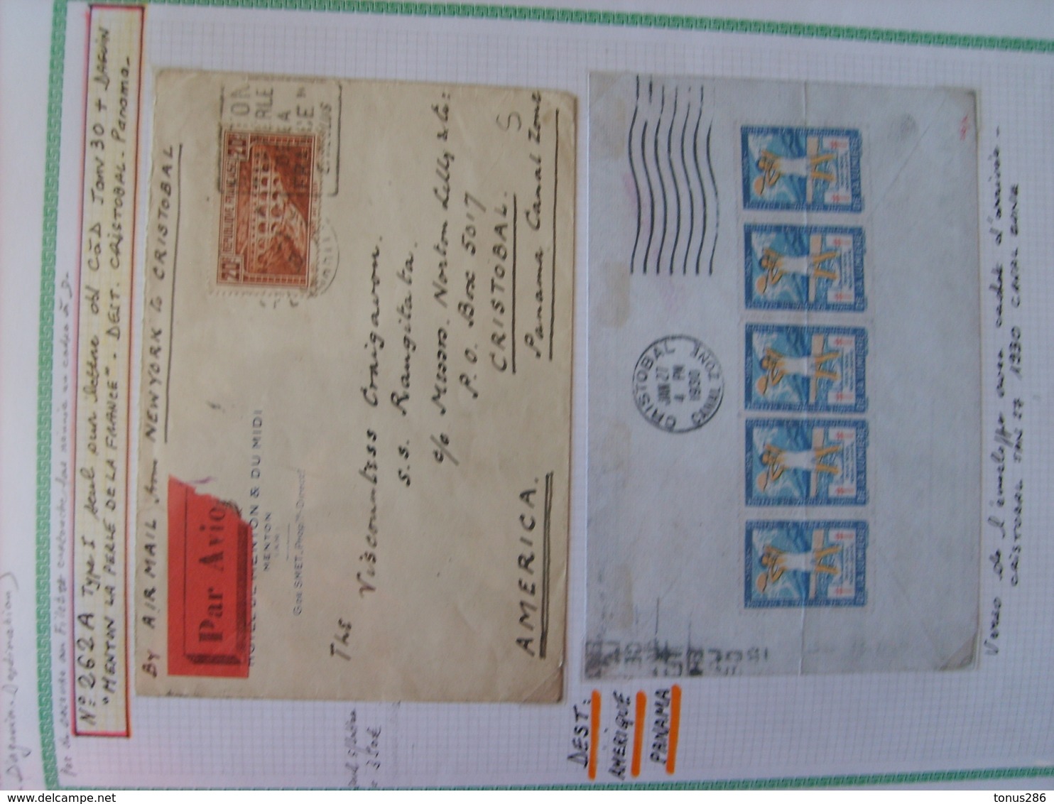 N° 262A Type 1 Seul Sur Lettre CaD Janv 30de Menton à Cristobal (panama ) Daguin ""Menton Perle De La France""" - Storia Postale