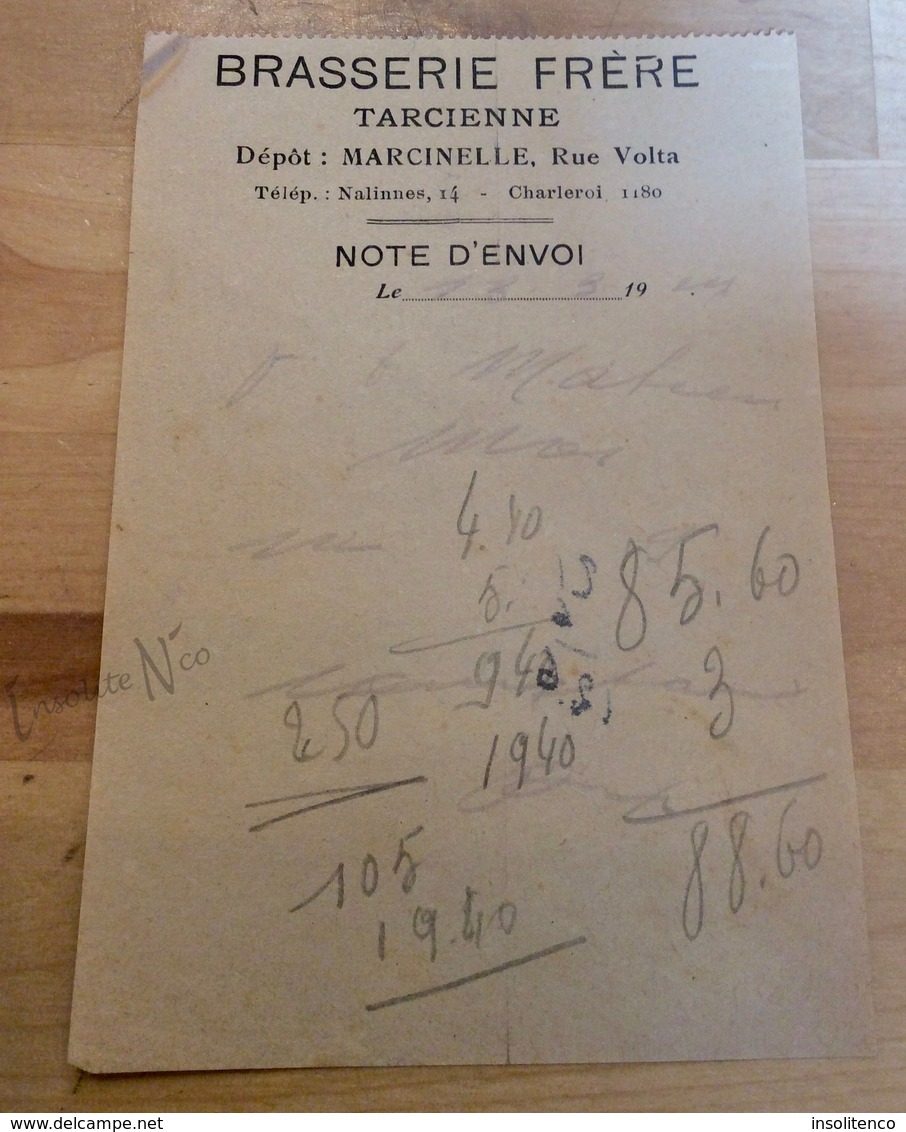 Note D'envoi De La Brasserie Frère (Charles) De Tarcienne Datée Du 1" Mars 1924 - 1900 – 1949