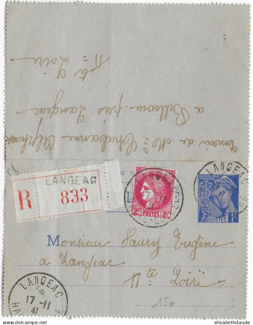 1941 - CARTE-LETTRE ENTIER MERCURE RECOMMANDEE Avec COMPLEMENT CERES De LANGEAC (HAUTE LOIRE) - Cartoline-lettere