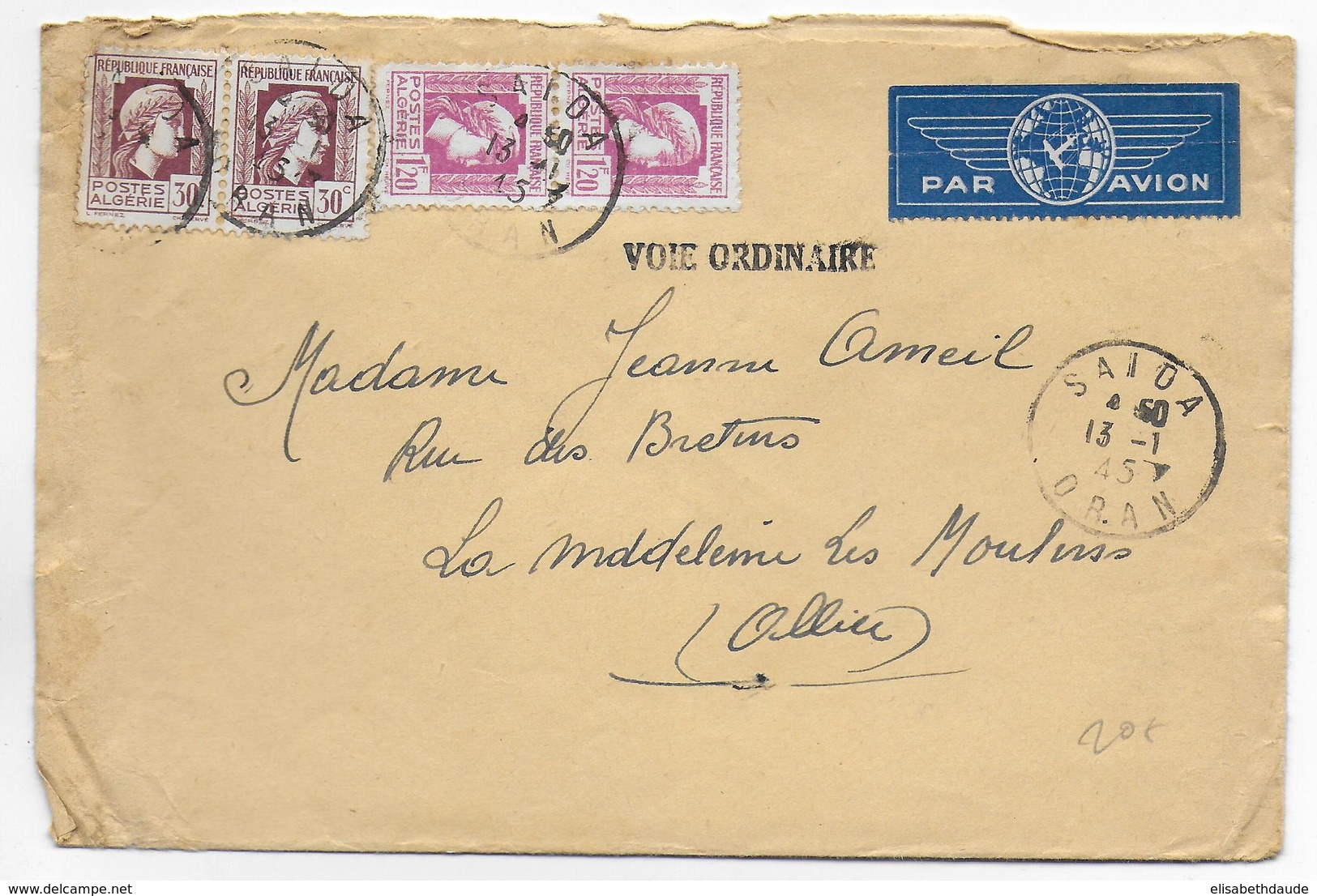 JANV. 1945 - MARIANNE D'ALGER - ENVELOPPE AVION De SAÏDA (ORAN) GRIFFE "VOIE ORDINAIRE" => ALLIER - 1944 Hahn Und Marianne D'Alger