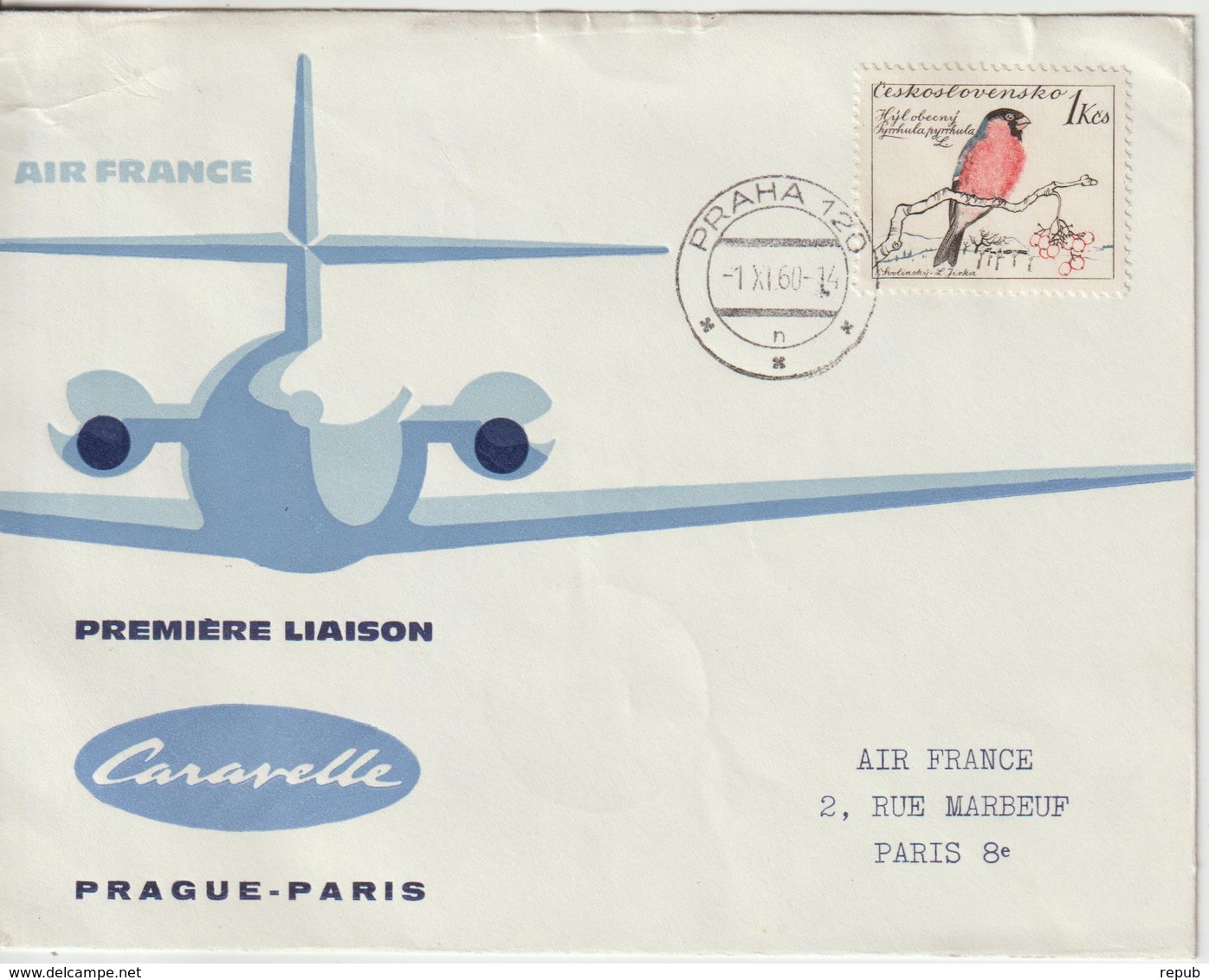 Tchécoslovaquie 1960 Première Liaison Air France Prague Paris - Briefe U. Dokumente