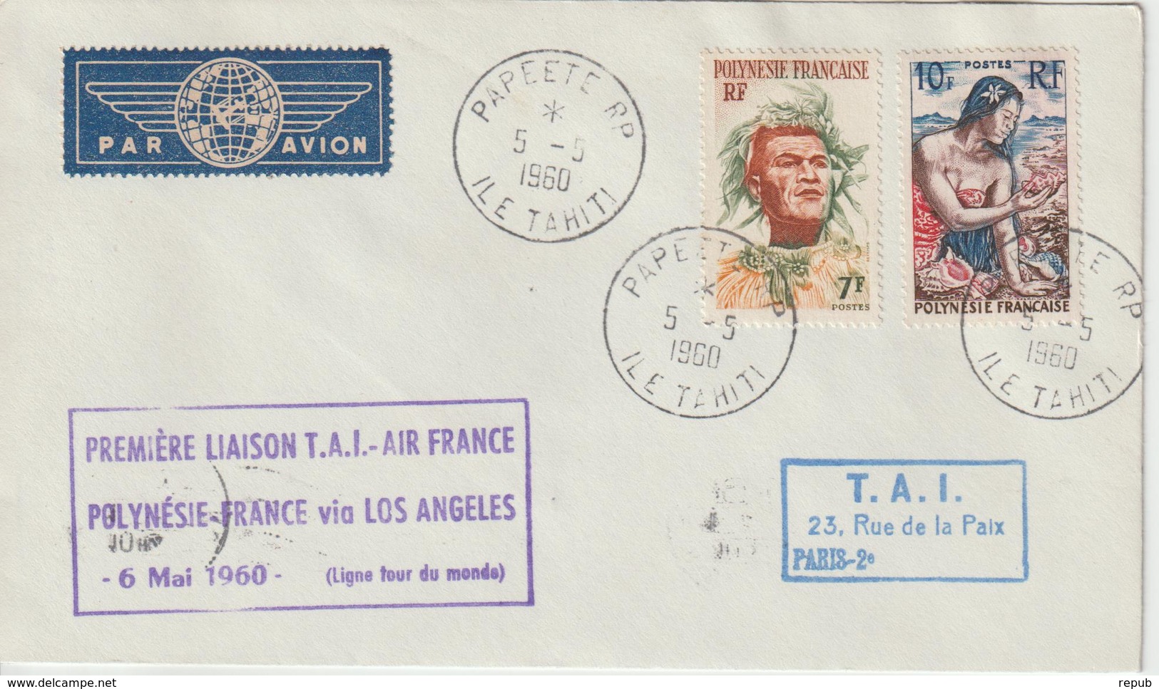 Polynésie 1960 Première Liaison Air France Polynésie France Via Los Angeles - Lettres & Documents