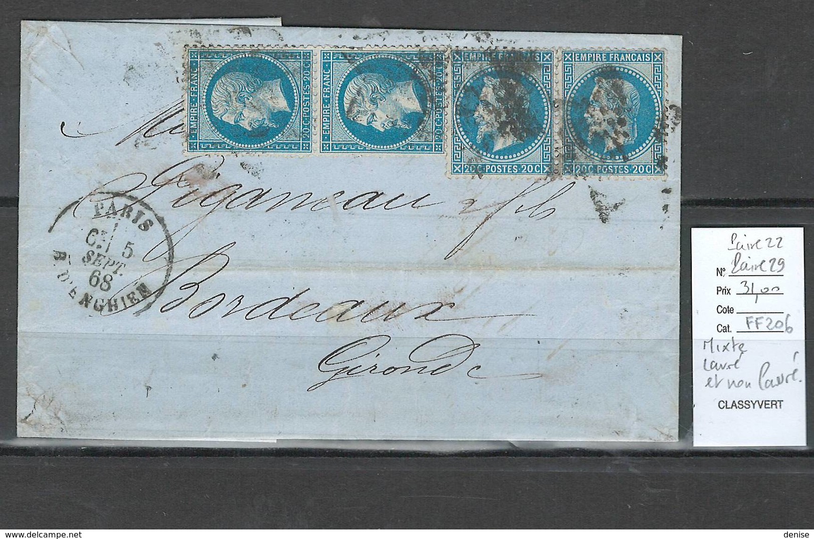 France - Lettre Avec 2 Paires Laurée Et Non Laurée - Yvert 22 Et 29 - 1849-1876: Période Classique