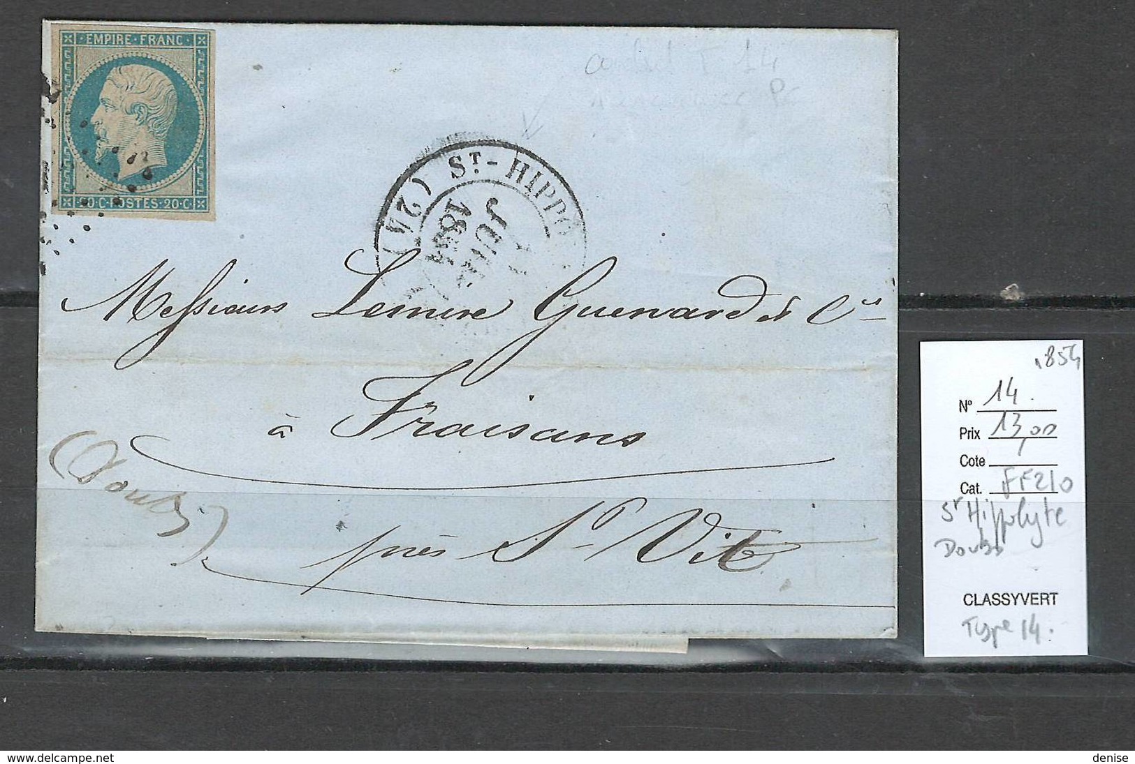 France - Lettre - Saint Hippolyte - Doubs - Type 14 + Yvert 14 Laiteux -1854 - 1849-1876: Période Classique