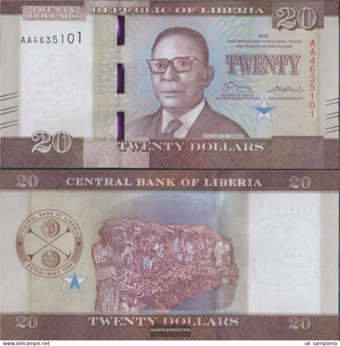 Liberia Pick-number: 33a Uncirculated 2016 20 Dollars - Liberia