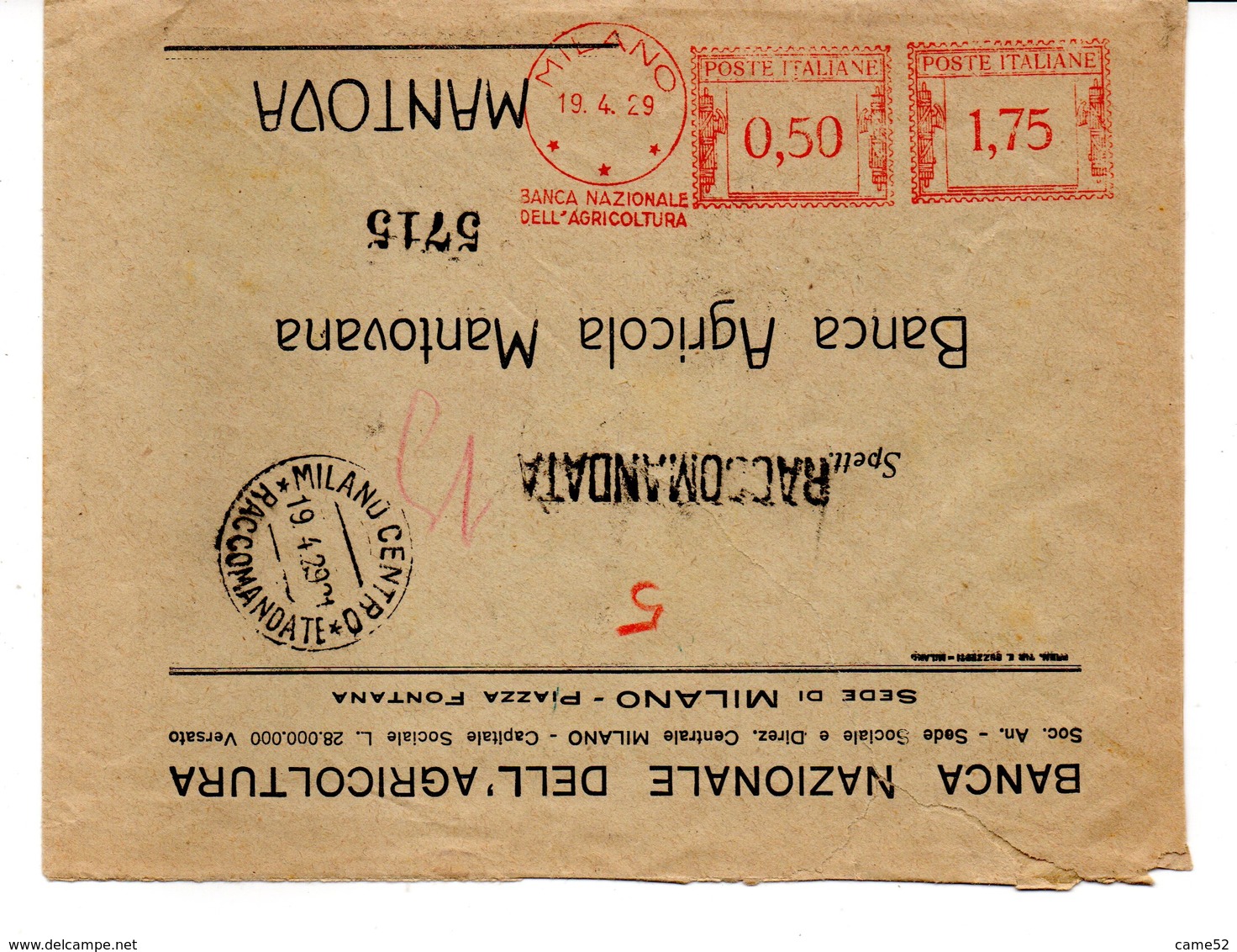 1929 EMA Affrancatura Meccanica Rossa Freistempel Milano Banca Nazionale Dell'Agricoltura Doppio Punzone Su Raccomandata - Macchine Per Obliterare (EMA)