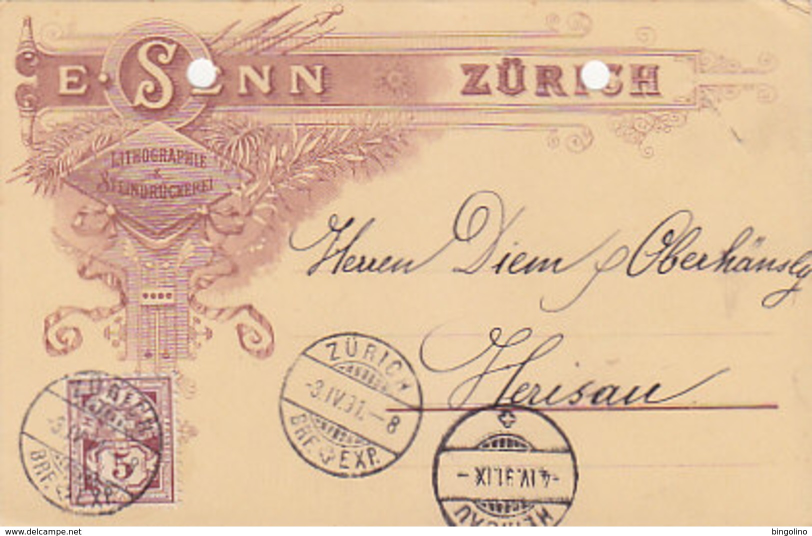 Zürich - E. Senn - Steindruckerei - Vorläufer-Werbe-Litho - 1891 !  (Unterschrift Des Besitzers)       (P-221-90505) - Zürich